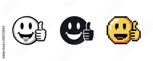 Retro smiley face thumbs up: vintage, silhouette, pixel art designs
