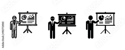 Three icon styles of business presentations with charts and graphs