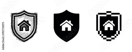 Set of three home shield icons representing security in sketch, solid, and pixel styles