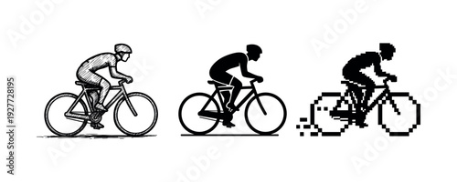 Evolution of bicycle imagery: sketch, silhouette, pixel art of cyclist