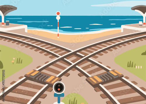 Railway Tracks on the Seashore Illustration Creative Design Template 