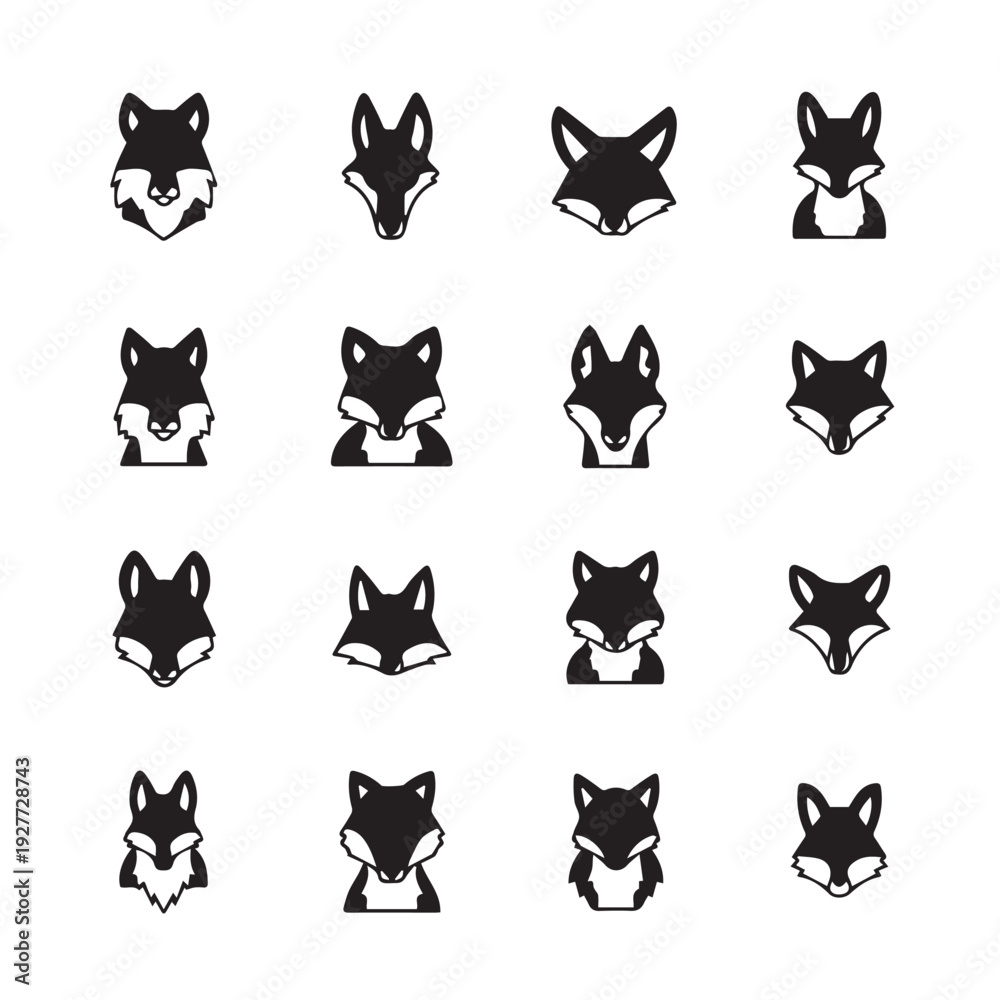 Fototapeta premium Collection of Fox Head Icons and Symbols in Black and White Vector Art