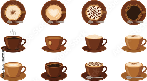 Coffee cup top view and side view set with latte cappuccino espresso and hot drink collection for cafe menu restaurant and breakfast design.