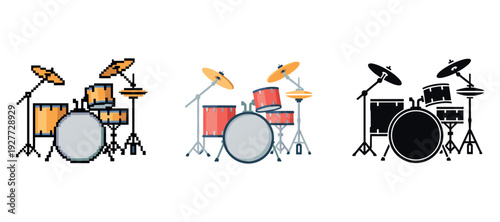 Pixel art to silhouette: evolution of drum kit designs in three styles