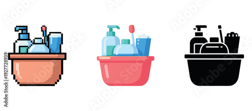 Colorful set of bathroom hygiene items in different art styles on white background