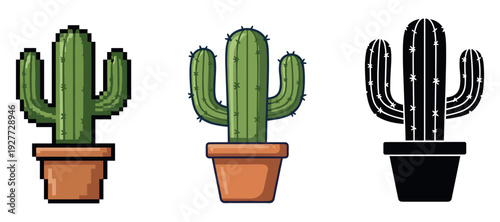 Pixel art and outline cactus designs in potted planters