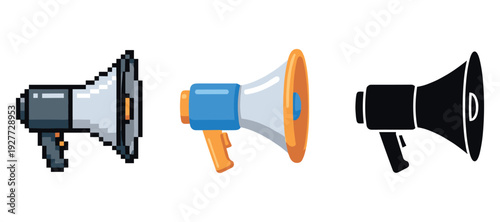 Three varied megaphone designs: pixel art, vector, solid black silhouette