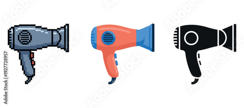 Diverse hairdryer designs: pixel art, modern, and silhouette variations