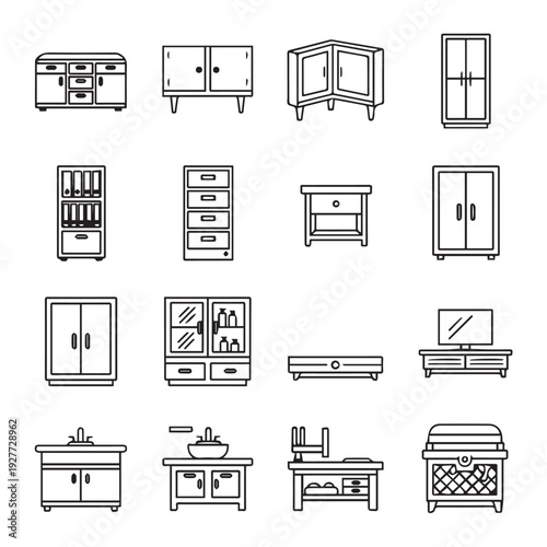 Collection of Furniture Line Art Icons: Cabinets Shelving and Storage Units