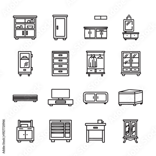 Collection of furniture icons line art storage units drawers cabinets