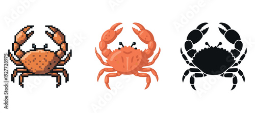 Pixel, cartoon, and silhouette crab illustrations on white background