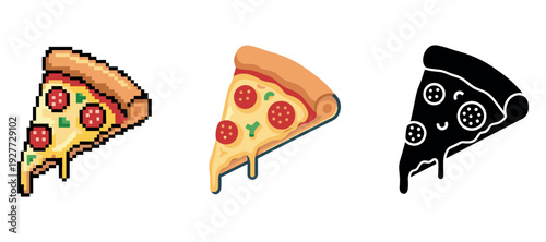 Three pizza slice designs: pixel art, cartoon, silhouette