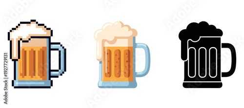 Pixelated, cartoon, and silhouette beer mugs with foam on white background