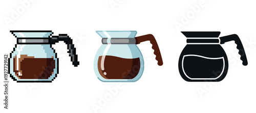 Evolution of coffee pots: pixel art to modern design in triptych style