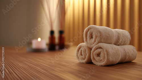 sauna. A relaxing spa scene with warm towels and essential oils, bathed in soft ambient lighting for tranquility. lifestyle magazines.