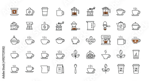 A collection of various coffee-related icons in a line drawing style on a white background, perfect for design elements or infographics about coffee time