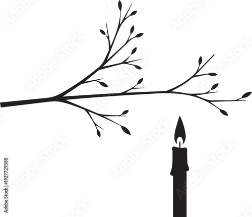 Burning candle and tree branch silhouette vector illustration with small buds and line art