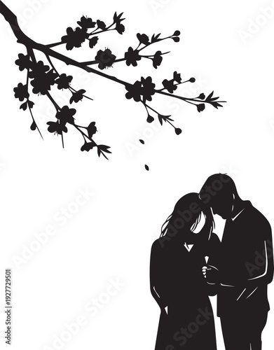 Couple under cherry blossom tree vector silhouette illustration line art romantic scenery