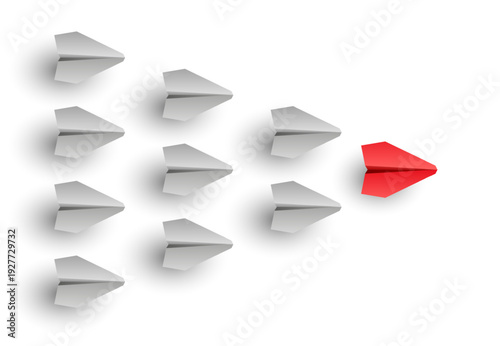 Leader red paper plane flying ahead of other planes