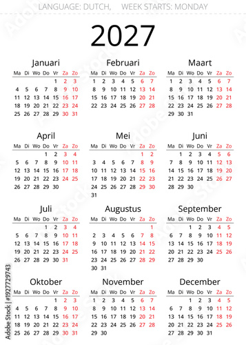 Printable 2027 dutch calendar for Netherlands with editable 12 month layout