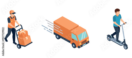 Male courier delivering packages and young male riding scooter with delivery van