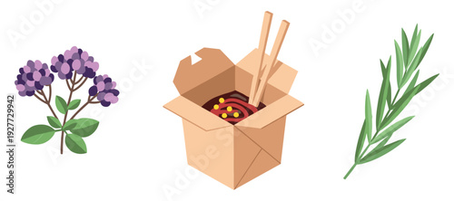 Asian noodles in takeout box with chopsticks, purple flowers, and green herb illustration