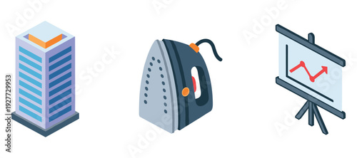 Office building, iron, and presentation chart isometric icons in blue theme