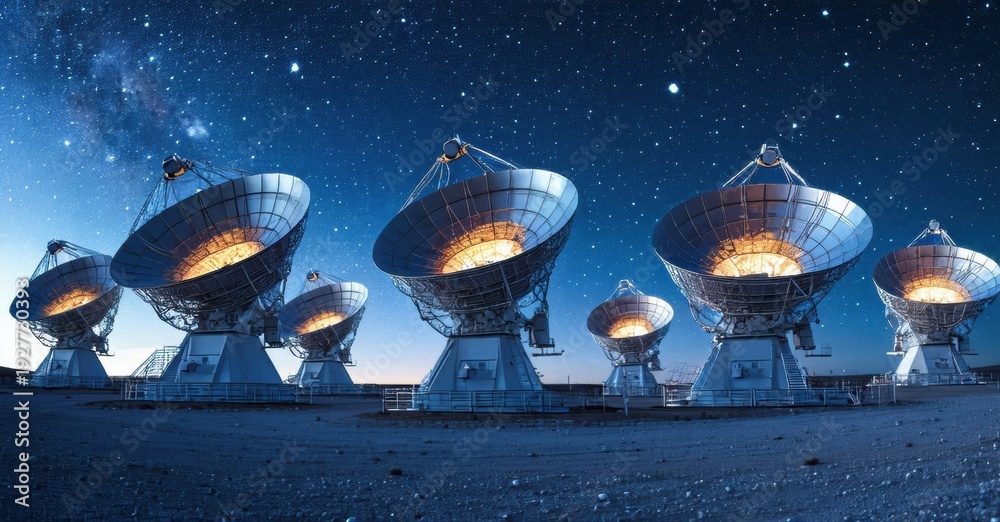 Fototapeta premium Radio telescopes observe distant stars, galaxies. Desert landscape provides clear skies, ideal conditions for astronomy research. Nighttime view showcases cosmic beauty.