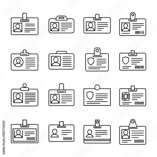 Collection of Identification Badges and Access Cards Line Icons