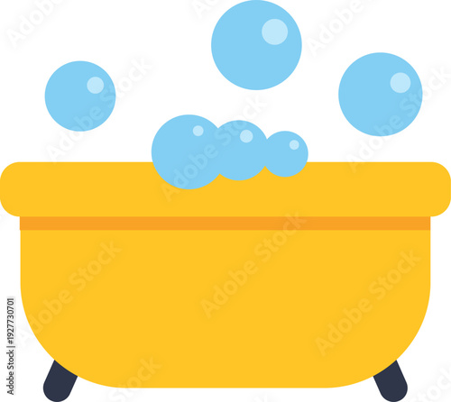 Yellow bathtub with blue suds and bubbles indicating hygiene and cleanliness