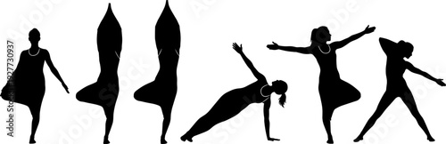 Woman yoga silhouettes collection, female fitness poses vector illustration isolated on white background for wellness, sport, and lifestyle design