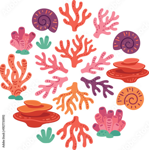Coral reef vector set with colorful underwater marine elements for ocean wildlife aquarium decoration and tropical sea life design.