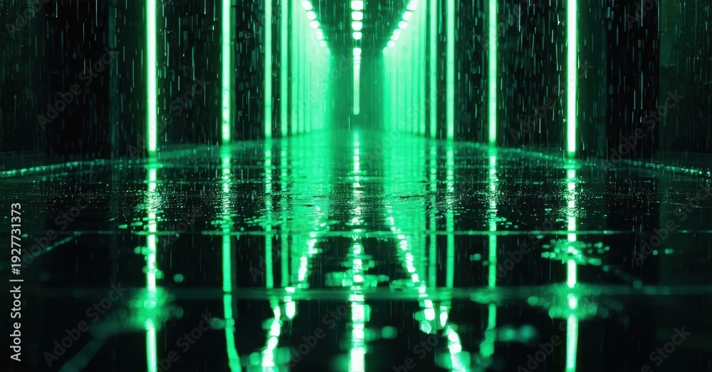 Fototapeta premium Futuristic corridor. Green lights descend like rain. Reflections shimmer on wet floor. Dark, immersive space evokes digital world.