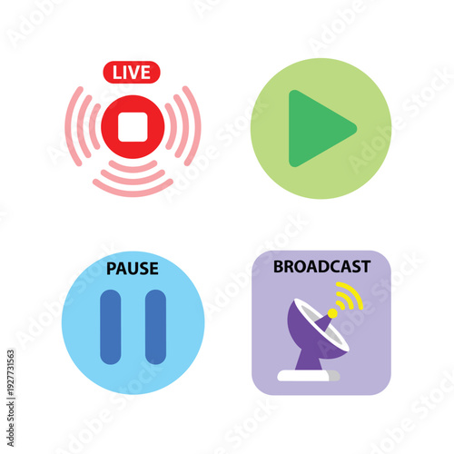 Streaming and Broadcasting Icons Representing Live Play Pause and Broadcast Functions.