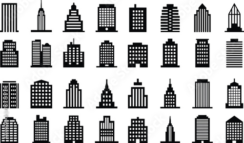 Modern skyscraper building icon set black silhouette urban architecture skyline collection minimal city office tower vector bundle