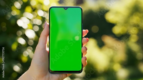 Modern smartphone technology showcased outdoors with green screen, surrounded by bright nature, highlighting device in vibrant summer setting for engaging interactions