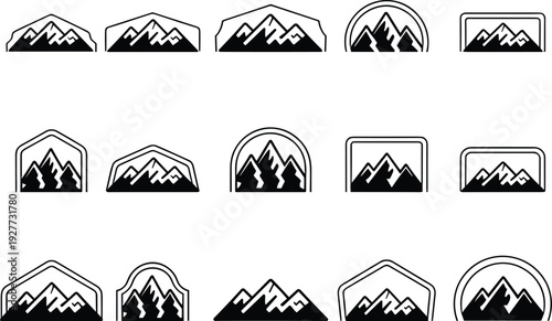 Mountain logo badge icon set featuring alpine peak frames, outdoor adventure landscape minimalist flat vector collection