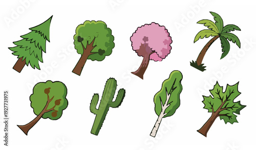 Minimal Cartoon Tree Icons Set Vector Illustration for Seasonal and Nature Designs