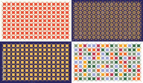 Four vibrant geometric patterns with repeating square motifs in various color palettes