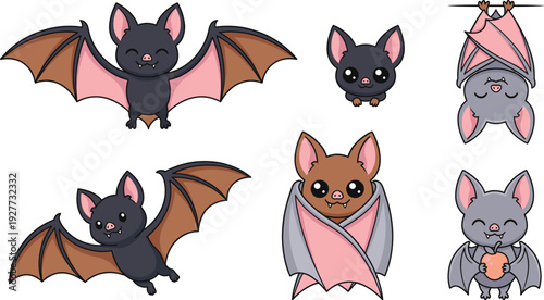 Cute bat cartoon vector set with flying hanging and wrapped wing poses for halloween character nursery and wildlife animal design.