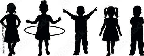 Black silhouette set of five diverse children playing together featuring a girl with hula hoop and boys standing isolated background