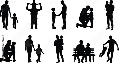 Father and child silhouette vector set with family parenting poses walking playing hugging and sitting for fathers day and lifestyle design.