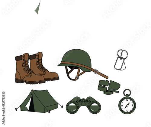 Military camping equipment set with boots helmet tent binoculars dog tags and compass art