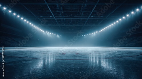 Empty ice hockey arena illuminated by bright lights