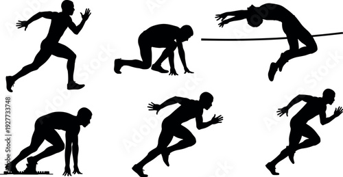 Set of athletic black vector silhouettes featuring male track and field competitors running sprinting high jumping and at starting blocks.