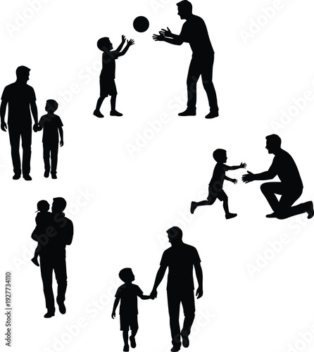 Father and son silhouette set with parenting moments playing walking and hugging family bonding collection for fathers day and child care themed designs.