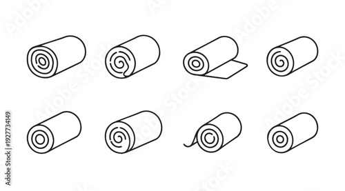 Rolled Material Icons Set: Paper Fabric or Film Rolls in Various Views