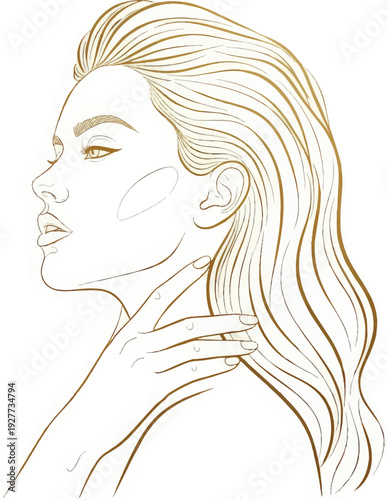 Golden line art illustration of a womans face and neck in profile