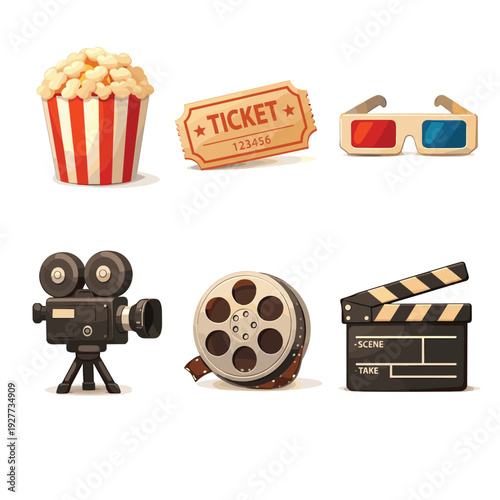 Cinema icons collection with popcorn, tickets, and film reel