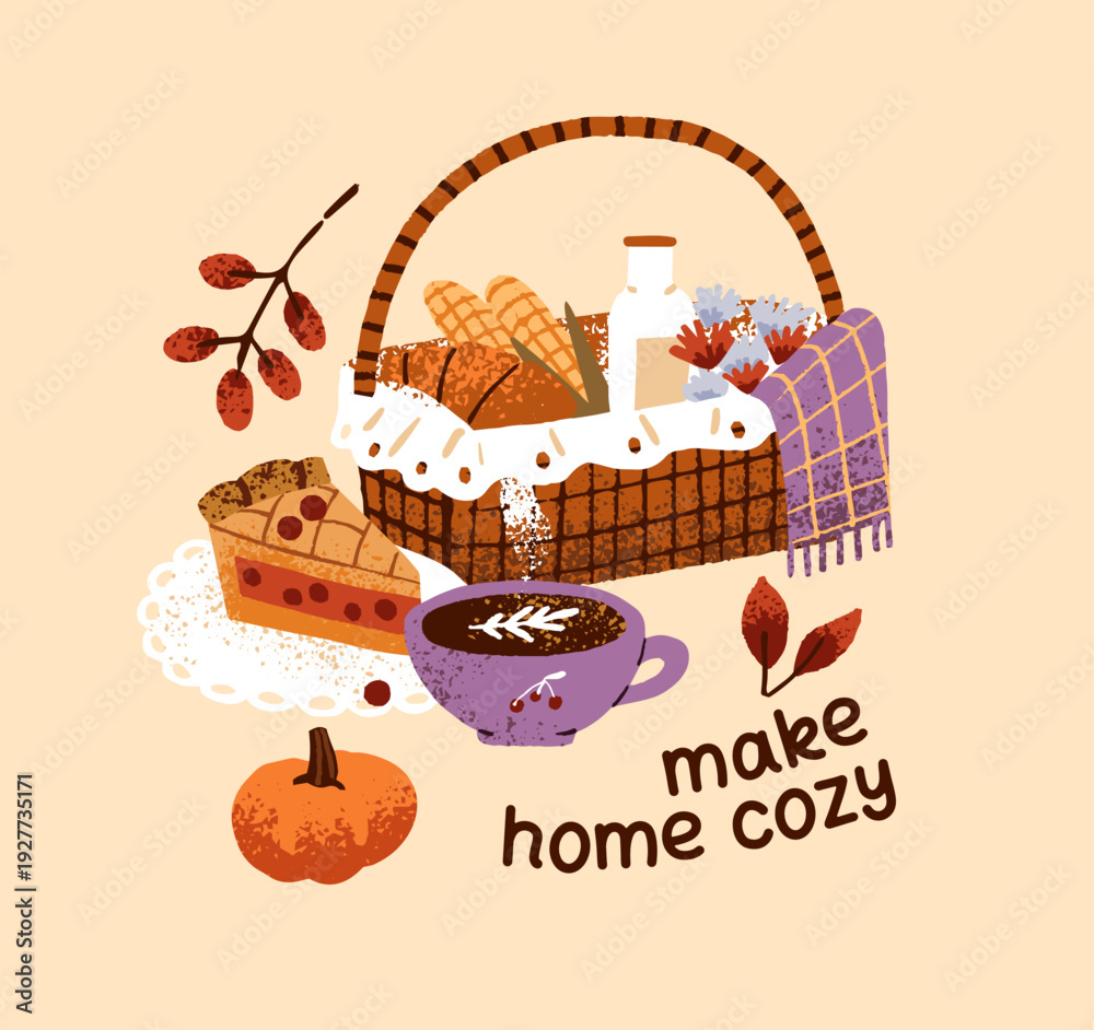 Obraz premium Design for greeting cards with autumn aesthetics. Templates for postcard with fall leaves, picnic basket, cup of coffee, pumpkin, piece of pie. Cozy elements, items. Flat isolated vector illustration